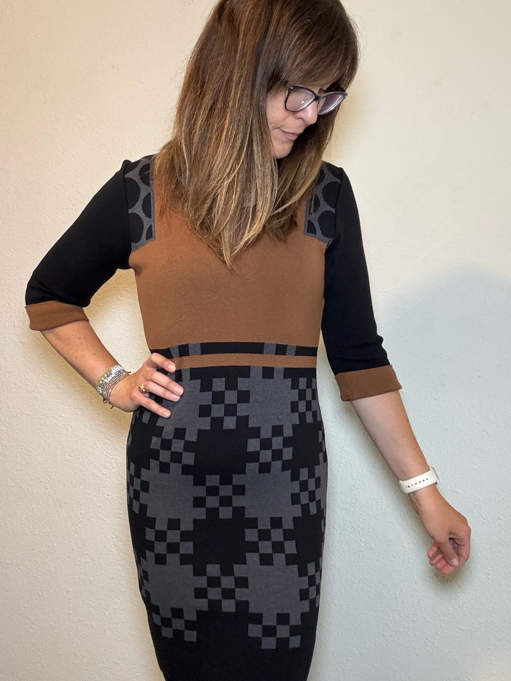 NWT Angel Apparel Brown & Black Geometric Fitted Sweater Dress